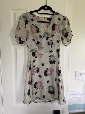 Topshop Floral Polka Dot Tea Dress with Ruched Sleeves